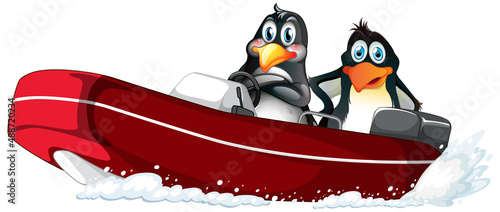 Penguins on a speed boat in cartoon style
