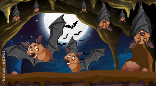 Cave scene with many bats in cartoon style