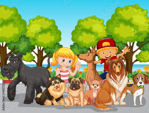 Park scene with children playing with their dogs