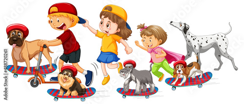 Children with their dogs on skateboards