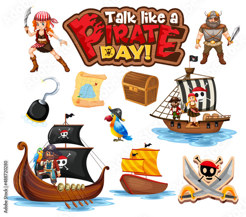 Set of pirate cartoon characters and objects