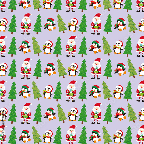 christmas seamless pattern with santa, penguin and tree