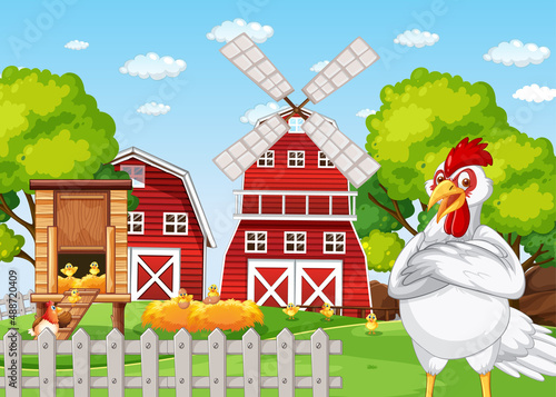 A chicken cartoon character standing in front of farm