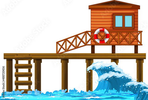 Bungalow with pier on white background