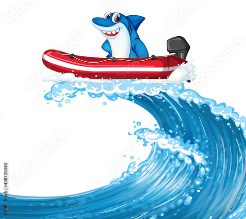 Happy shark on inflatable boat with ocean wave
