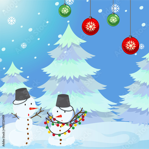 Christmas poster design with snowmans and snow tree