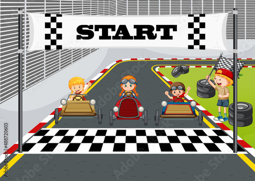 Soapbox derby scene with children racing car