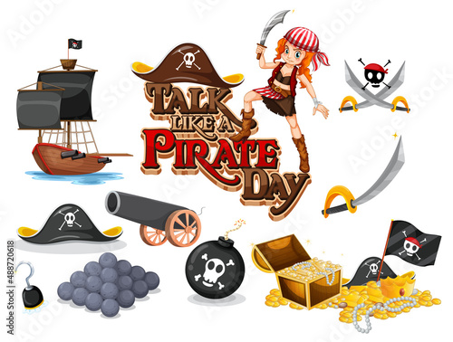 Set of pirate cartoon characters and objects