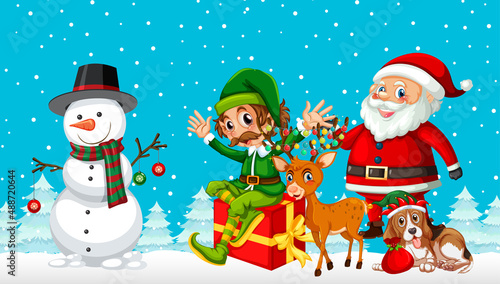 Santa Claus and friends in cartoon style on snowy blue background