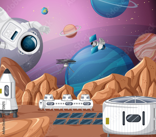 Landscape of planet surface with colony buildings