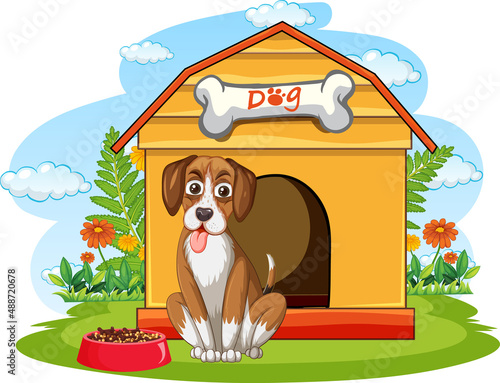 Dog sitting in front of doghouse