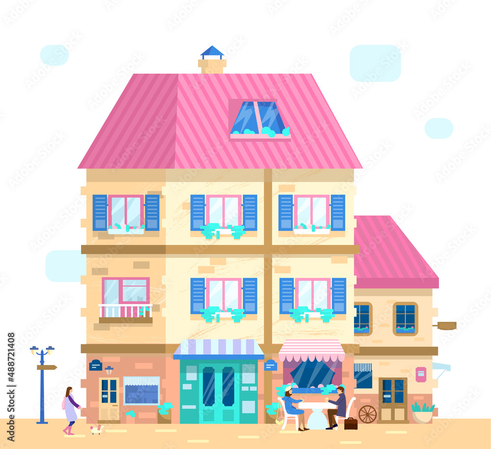 Vector illustration of cute European houses with shuttered windows with flowers and different decoration elements. City csene with people and buildings.