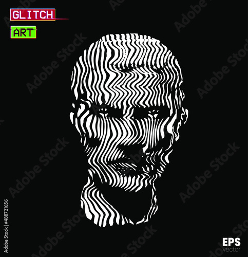 Glitch Art. Vector black and white striped and glitched pattern illustration from 3D rendering of classical head sculpture isolated on black background. 