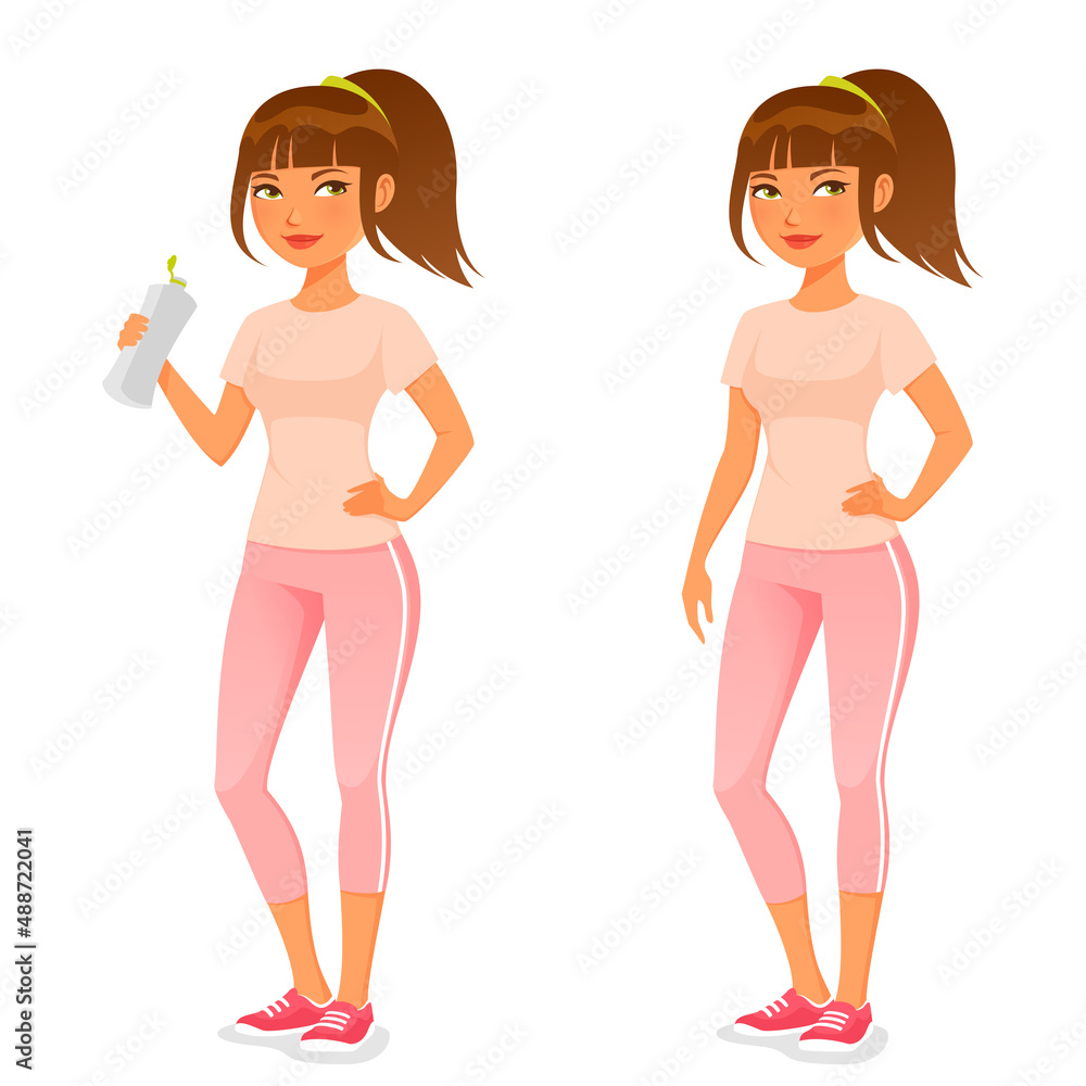 cute cartoon illustration of a young girl in sport outfit, holding a water bottle after workout cute cartoon illustration of a young girl in sport outfit, holding a water bottle after workout