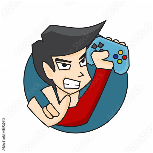 An illustration of a boy holding a game controller. Simple gamer boy logo