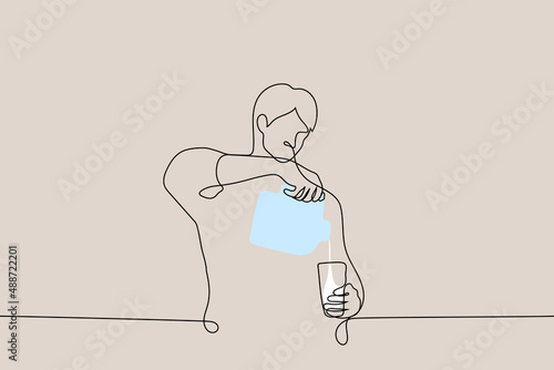 man pours milk into a glass from a large square bottle - one line drawing vector. breakfast concept, protein shake