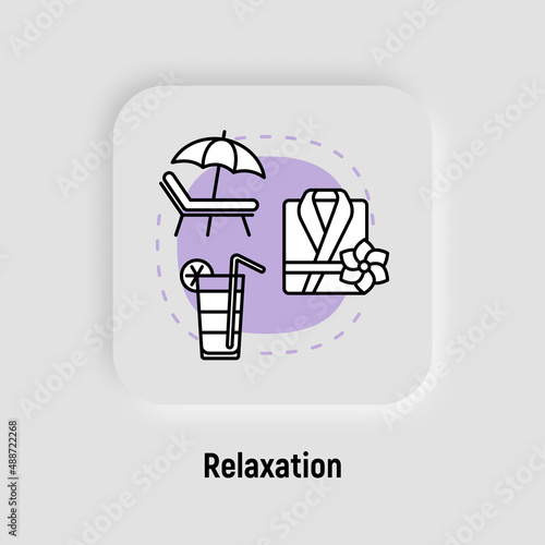 Relaxation concept with thin line icons, spa treatment, beach vacation, smoothie shake, bathrobe. Vacation in tropic climate. Vector illustration.