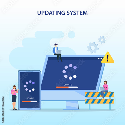 System Update. Software upgrade and installation program. Concept of system update, software installation. Flat vector template Style Suitable for Web Landing Page.