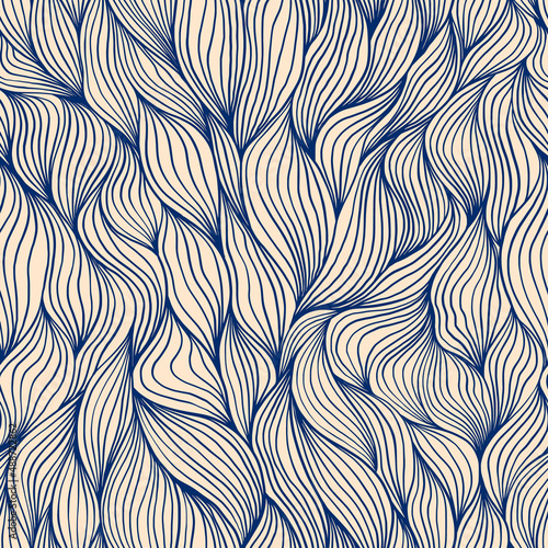 Aesthetic wavy seamless pattern. Delicate hand drawn texture with organic natural lines. Smooth abstract leaf curly print.