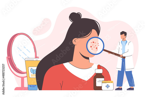 Flat woman face with skin diseases. Rashes, acne or dermatology problems. Dermatologist or cosmetology doctor with magnifier glass examining huge female head with facial dermatitis, redness or pimples