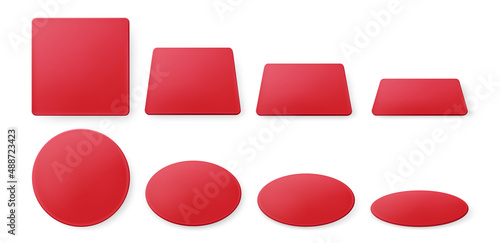 Red paper coasters for beer mug. Vector realistic mockup of blank square and round beermat in top view. Bierdeckel for cup or cardboard mat different shapes and angles isolated on white background.