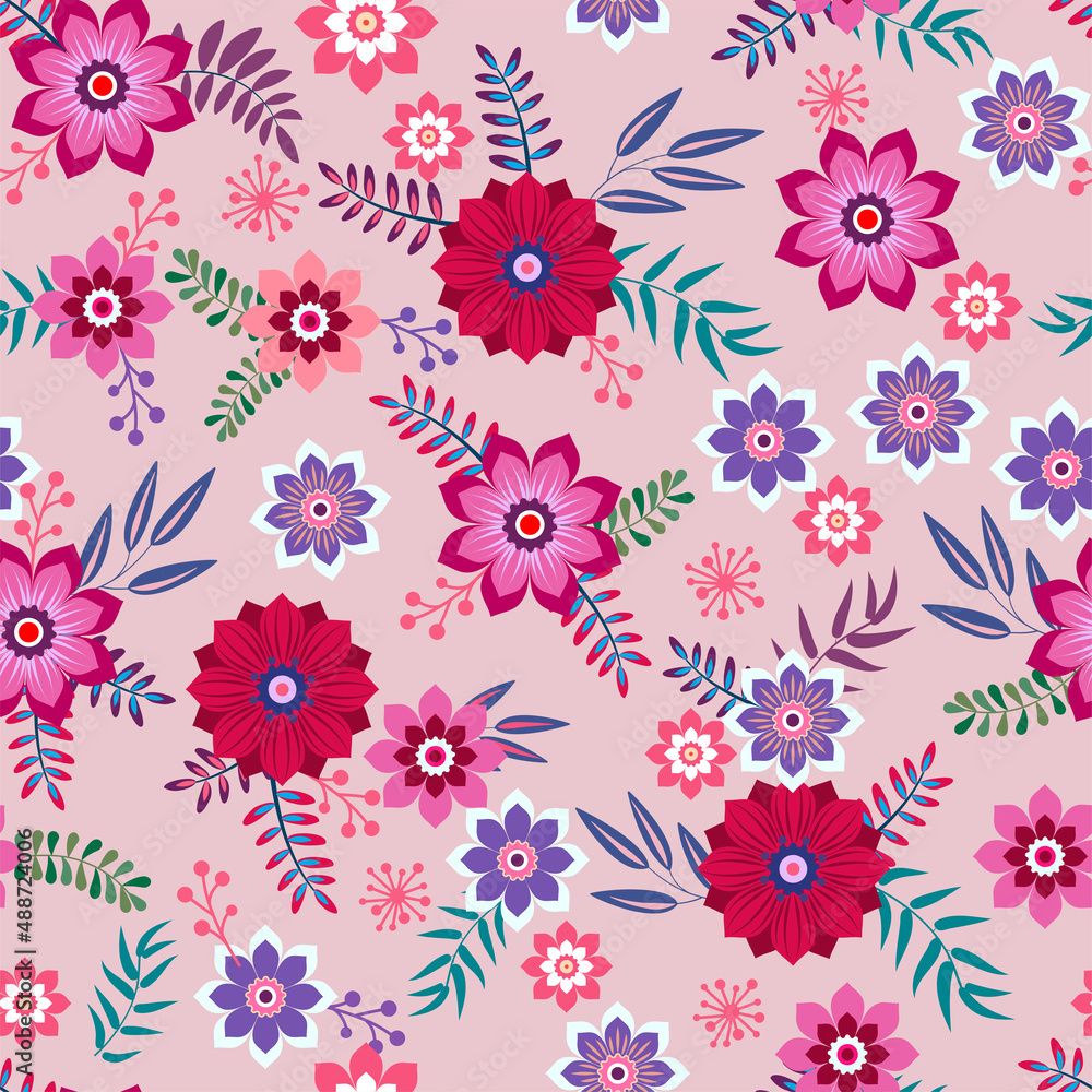 Floral seamless background. Various flowers and leaves on a pink background.