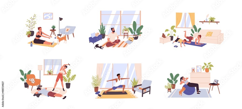 People doing physical exercises at home set. Sports workout. Healthy men, women training, practicing yoga, pilates and fitness indoors. Flat graphic vector illustrations isolated on white background