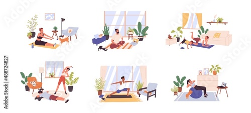 People doing physical exercises at home set. Sports workout. Healthy men, women training, practicing yoga, pilates and fitness indoors. Flat graphic vector illustrations isolated on white background