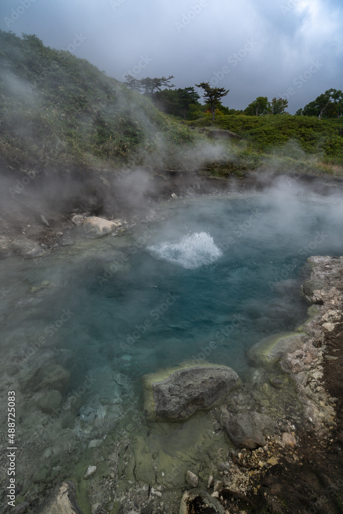 Volcanic activity, sulfur fumarole and hot gas on Iturup Island, Kuril islands.