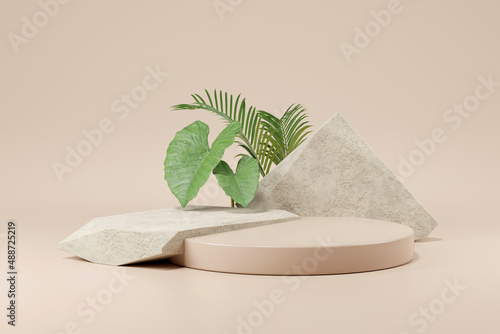 Mock up of stone and small plant forming a product podium, Cosmetic presentation. 3d rendering.