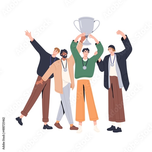 People holding winners goblet, cup for victory in competition. Champions with trophy, medals and chalice. Team with awards. Success concept. Flat vector illustration isolated on white background