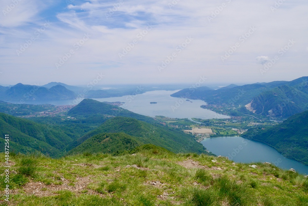 Breathtaking view of lake Maggiore, Orta and Mergozzo on top of Monte Faje, Piedmont, Italy.