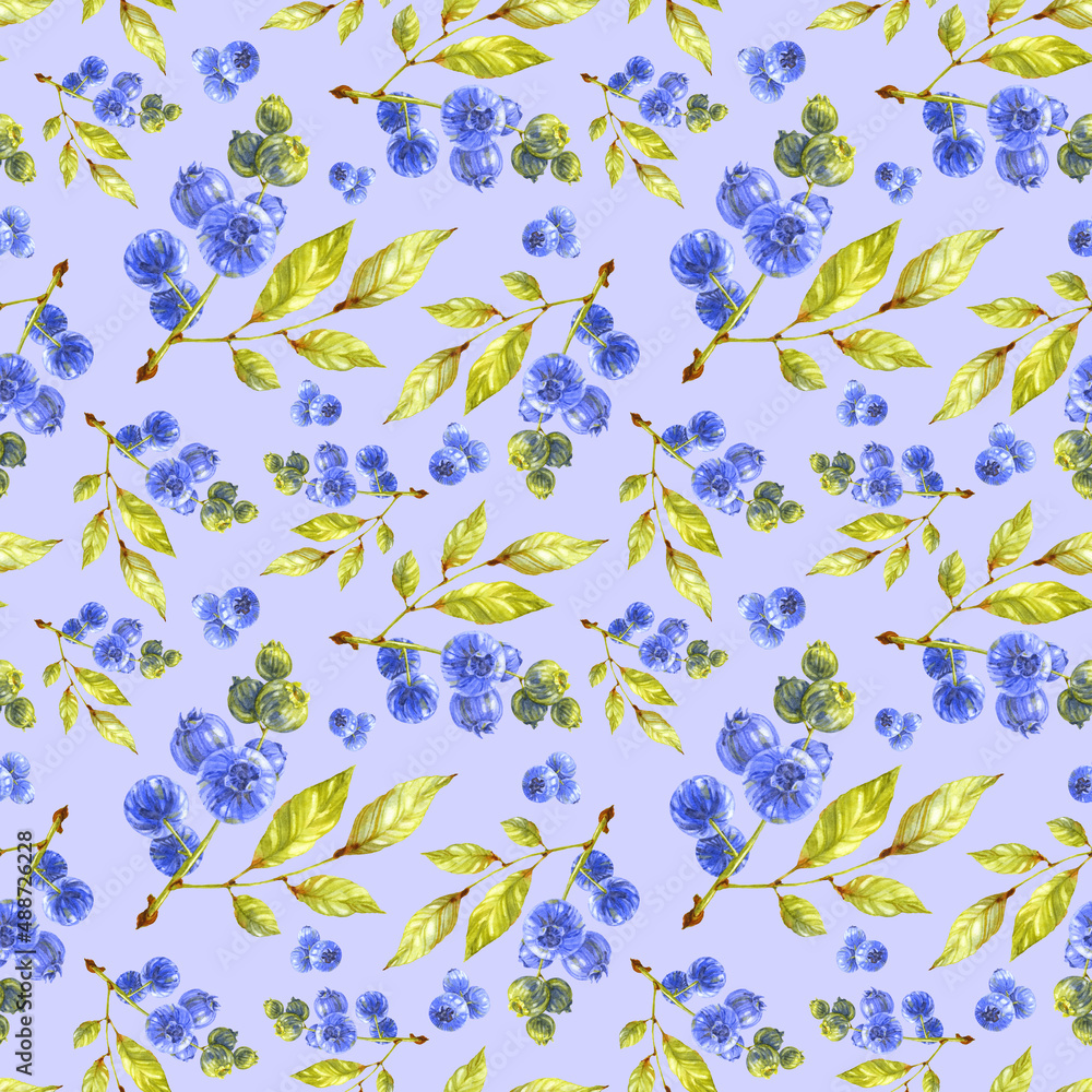 Blueberry seamless print. Green leaves and berries on light blue background. Watercolor illustration