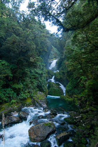 Mackay Falls  cascade waterfall  Milford Track Great walk  Fiordland  New Zealand