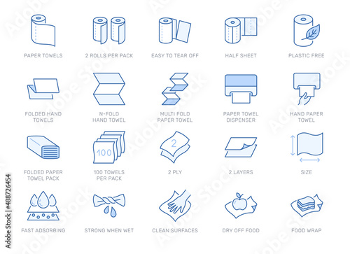 Paper towel line icons. Vector outline illustration with icon - roller package, dispenser, multifold, plastic free, adsorbing water, pictogram for kitchen disposable wipe. Editable Stroke, blue color