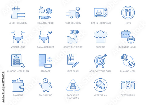 Ready made food line icons. Vector outline illustration with icon - microwave heat, vegetarian, delivery, bmi, sport, nutrition, menu, plate, pictogram for healthy meal. Editable Stroke, blue color