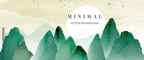 Luxury mountain landscape background. Watercolor banner in oriental and japanese with style green mountain and moon. Gold wavy line pattern design for wall decor, wallpaper, prints and interiors.