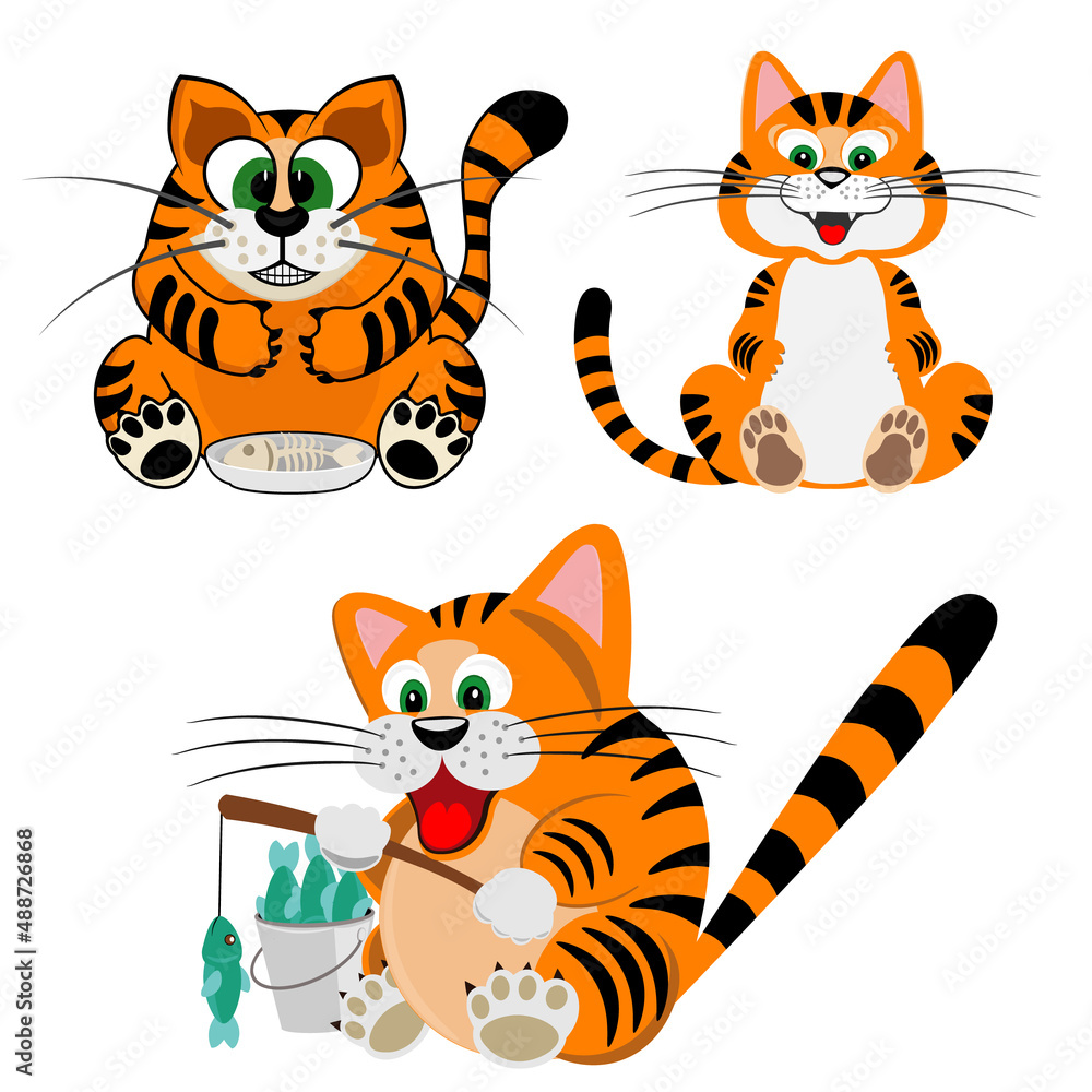A set of red cats and tigers. Vector illustration.