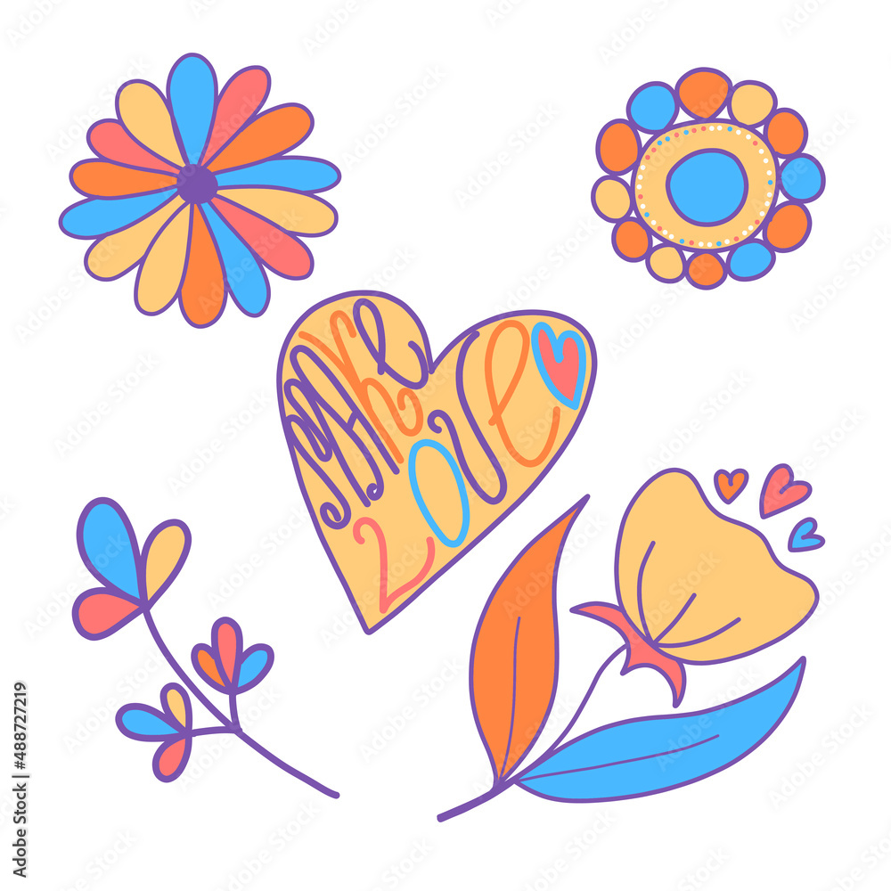 Vector set of illustrations with a flower and the inscription Make love, heart, hippie style, world peace. Modern vector illustration for postcards, packaging design, teenagers.