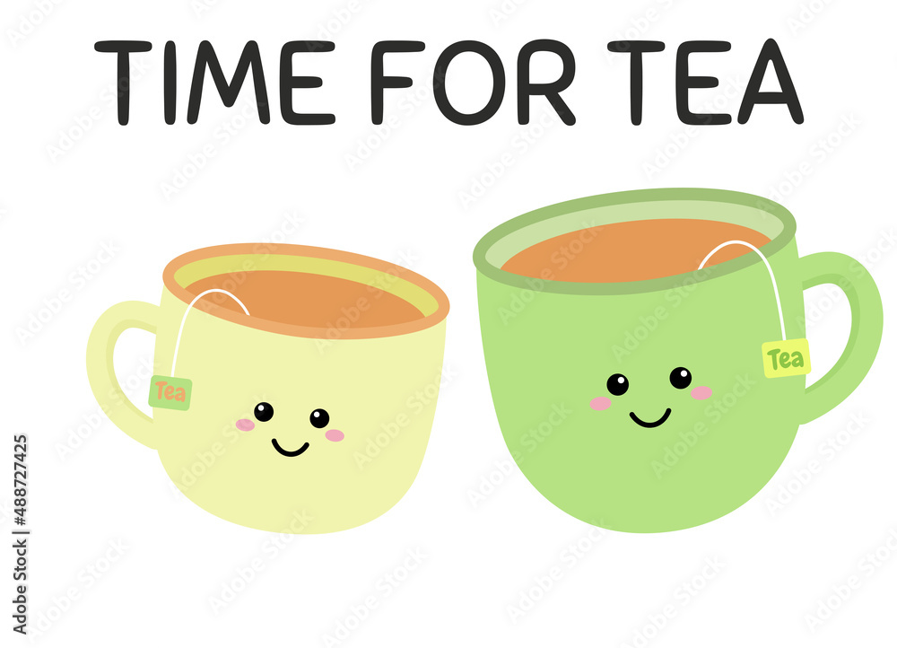 Time for tea. Break for tea. Time for a break. Cartoon card for cafe and banners. Time for tea. Break for tea. Time for a break. Cartoon card for cafe and banners.