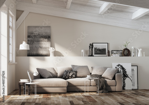Fototapeta Naklejka Na Ścianę i Meble -  3d Rendering. Living room of an attic with large spaces, decorated with sofas and cushions. Illuminated with window on the left of the scene, with natural light. Ceiling with wooden beams