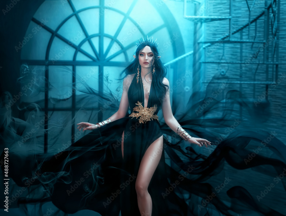 Naklejka premium Fairy woman elf queen in black fantasy sexy dress, dark magic smoke flutter waving flowing around witch. Black long hair fly in wind. Princess girl, sharp ears, gothic crown. Background old style room
