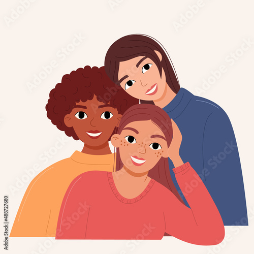 Portrait of three young female friends of different skin colors. Beautiful women smile, enjoy their friendship. The concept of female support and care. Flat vector illustration.