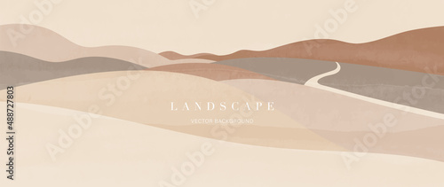 Abstract landscape on earth tone background. Mountain and field wallpaper in minimal style design with cloud and sky in warm tone. For prints, interiors, wall art, decoration, covers, and banners. #488727803