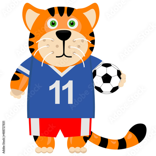 Funny tiger cub football striker. Vector illustration on a soccer theme.