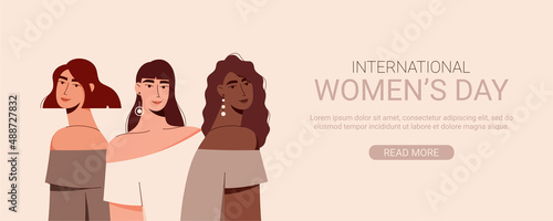 Happy Women's Day. Vector illustration of diverse women standing back to back. Trendy multicultural women. International Women's Day. Banner, landing page.