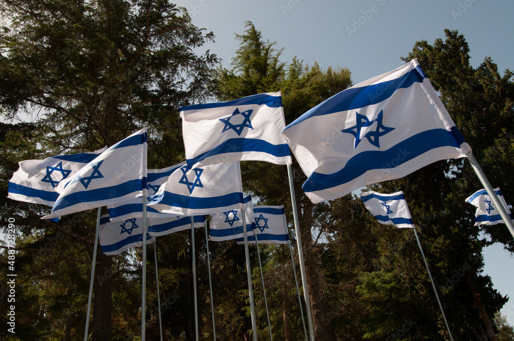 Multiple, large, blue and white flags of the State of Israel rippling ...