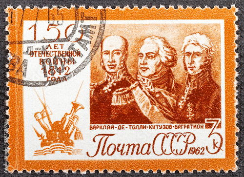 USSR - CIRCA 1962: Post stamp printed in USSR shows portraits of russian commanders with the inscription Barclay de Tolly, Kutuzov, Bagration from the series - 150 years of the Patriotic War of 1812 photo