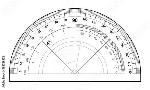 Protractor isolated on white background. Vector template of an instrument for measuring the magnitude of angles. Degree measuring scale. photo