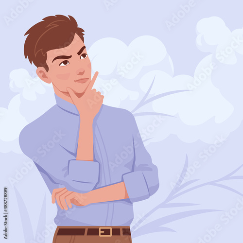 Young handsome businessman portrait, pensive pose, seriously thoughtful. Smart stylish student, guy in formal office wear full sleeves shirt. Vector flat style creative illustration, plant background